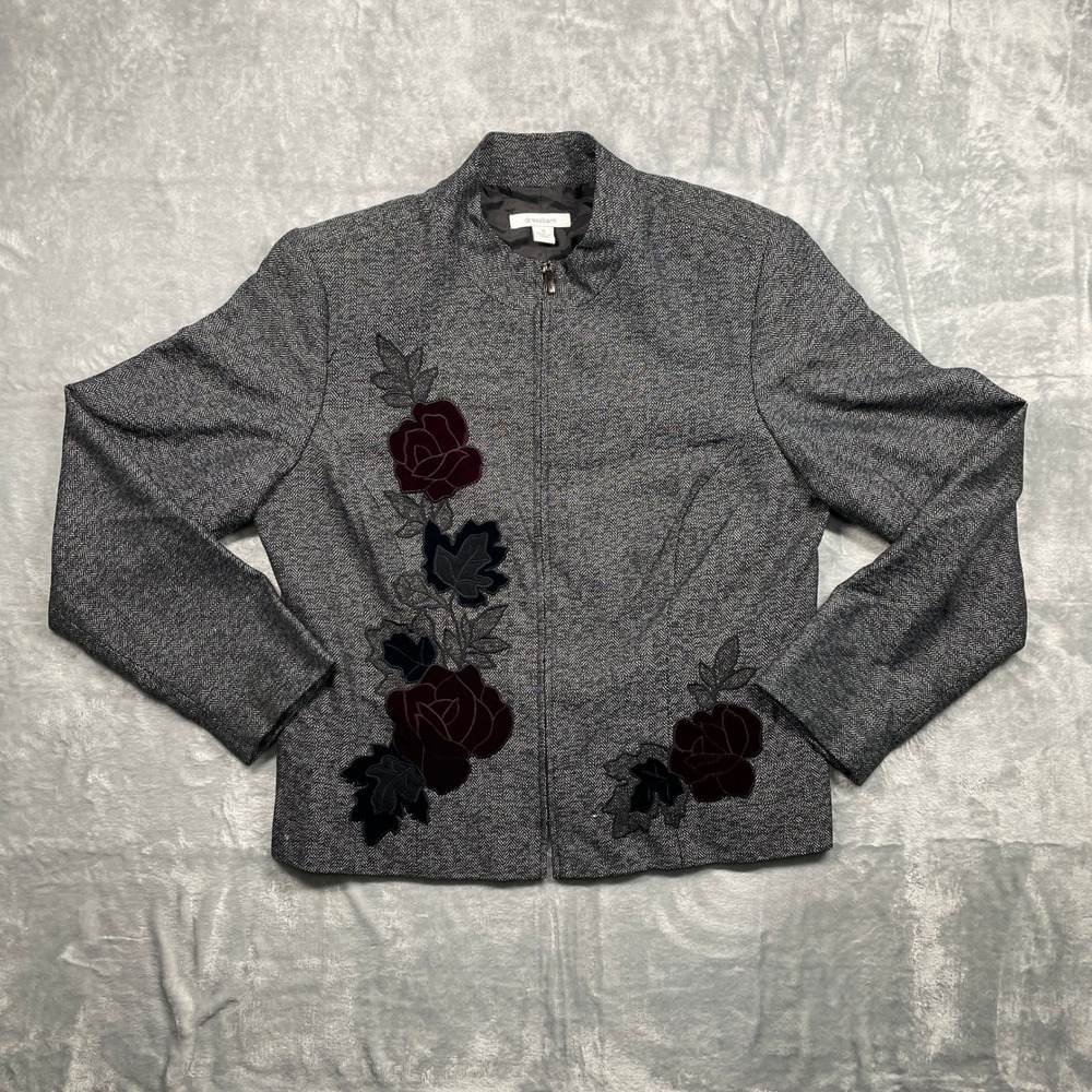 Dressbarn Blazer Women Gray‎ Floral Rose Embroidered Herringbone Jacket Size 14
